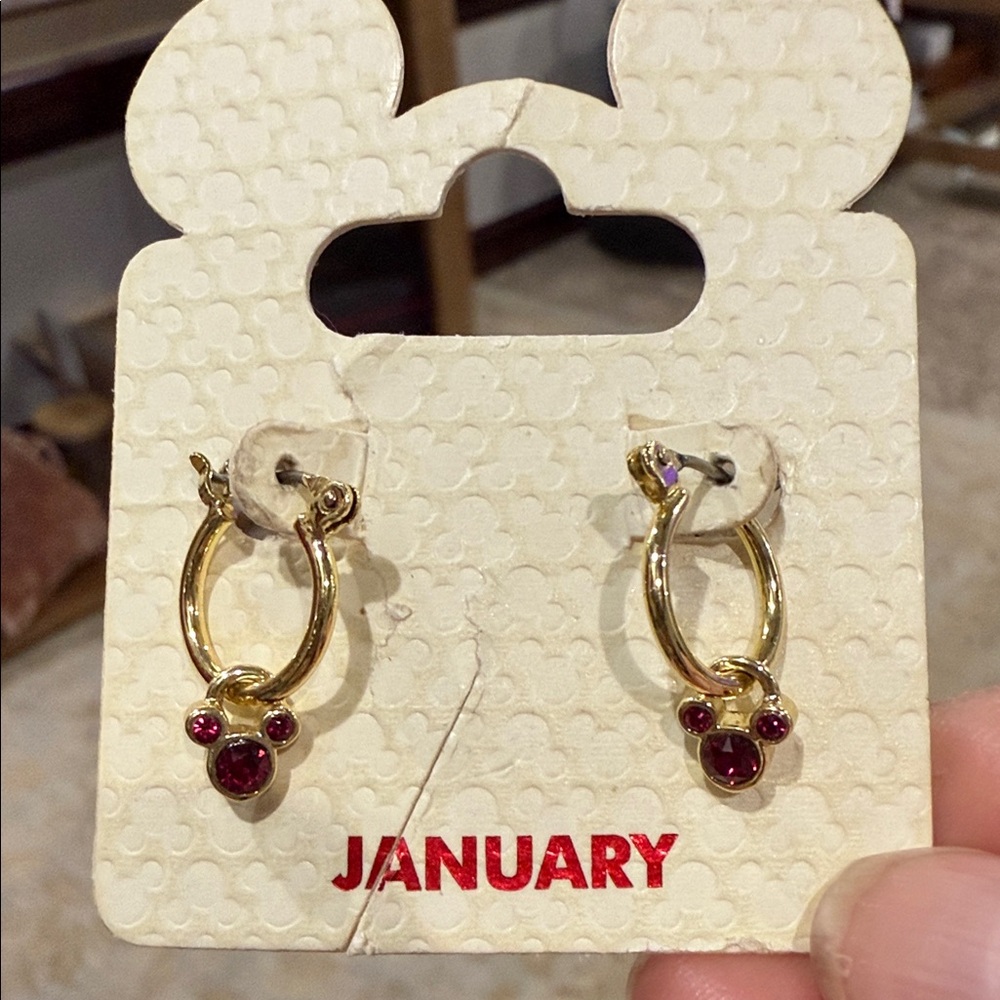 Disney Gold plated hoop Earrings Red Accents Mickey Mouse birthstones New